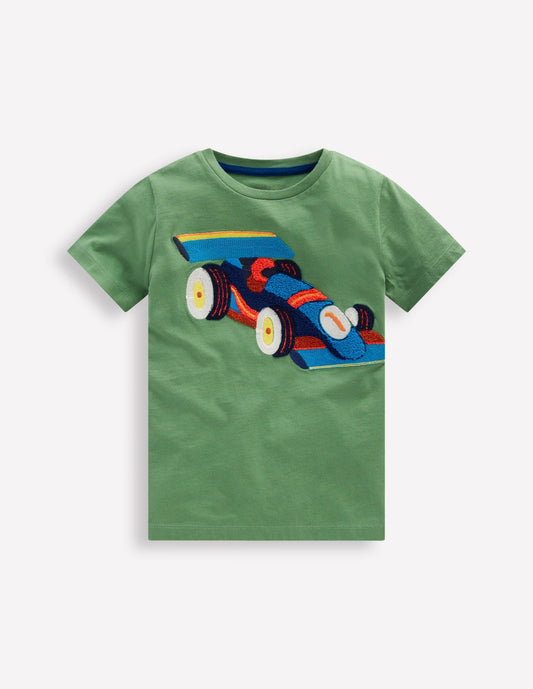 Short Sleeve Appliqué T-shirt-Willow Green Race Car