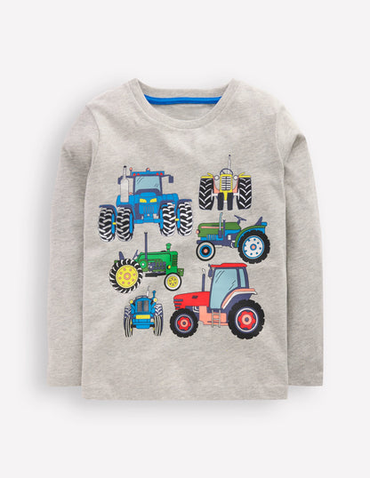 Long Sleeve Printed T-shirt-Grey Marl Tractor